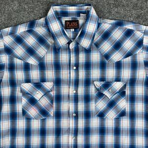 Plains Western Shirt Mens XL Blue White Plaid Pearl Snap Short Sleeve Rodeo